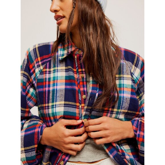Free People Multicolor Plaid Button Down Shirt Size Large - Picture 5 of 9